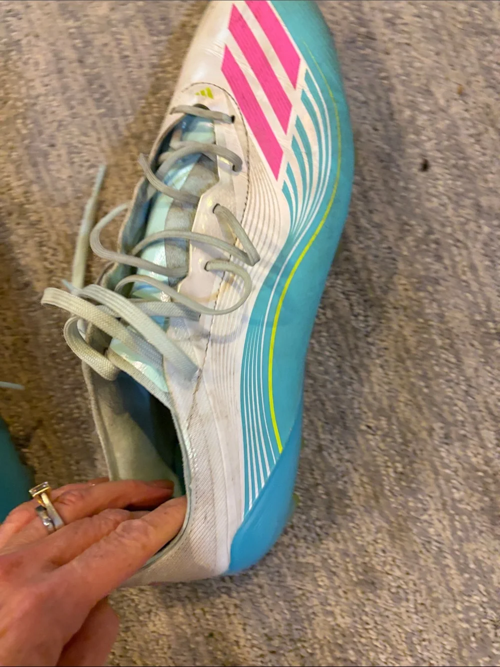 adidas Mens F50 Soccer Cleats in White, Pink & Teal Messi